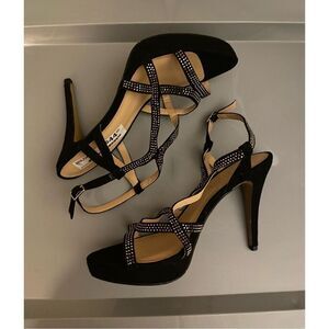 Metaphor Black Strappy Shoes 38671 Paris Studded Bling NWOB Heels Faux Suede